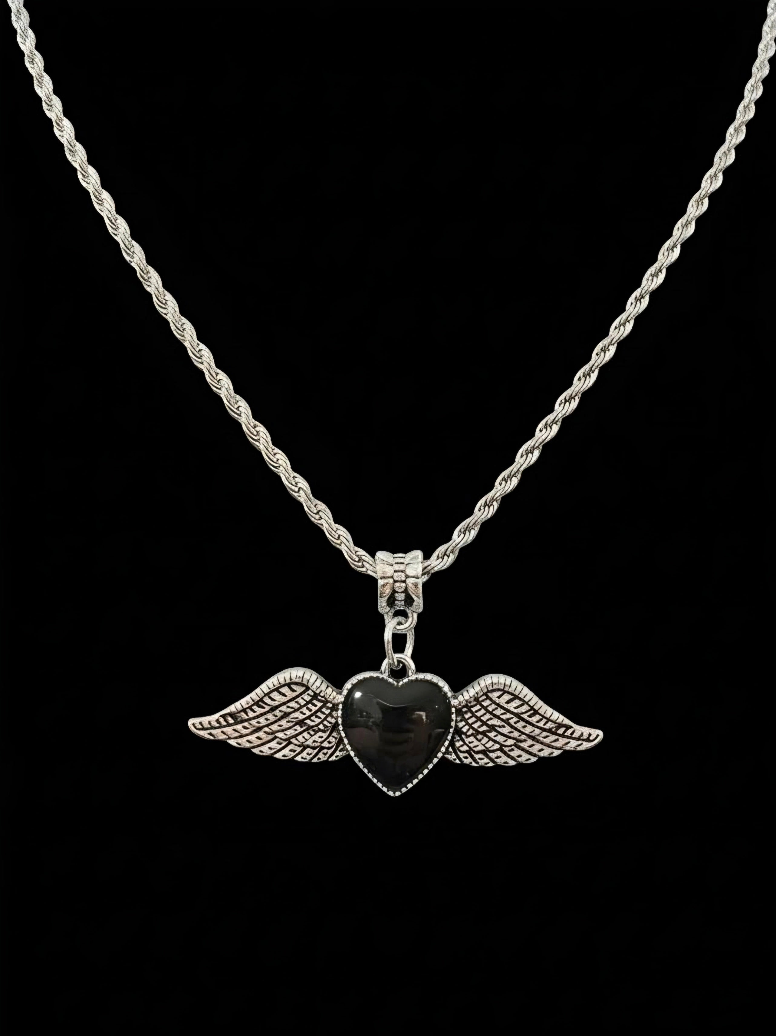 Winged Black Heart Necklace