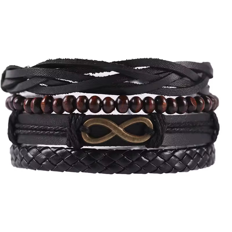 Multi-Layer Braided Leather Bracelet Set with Beads