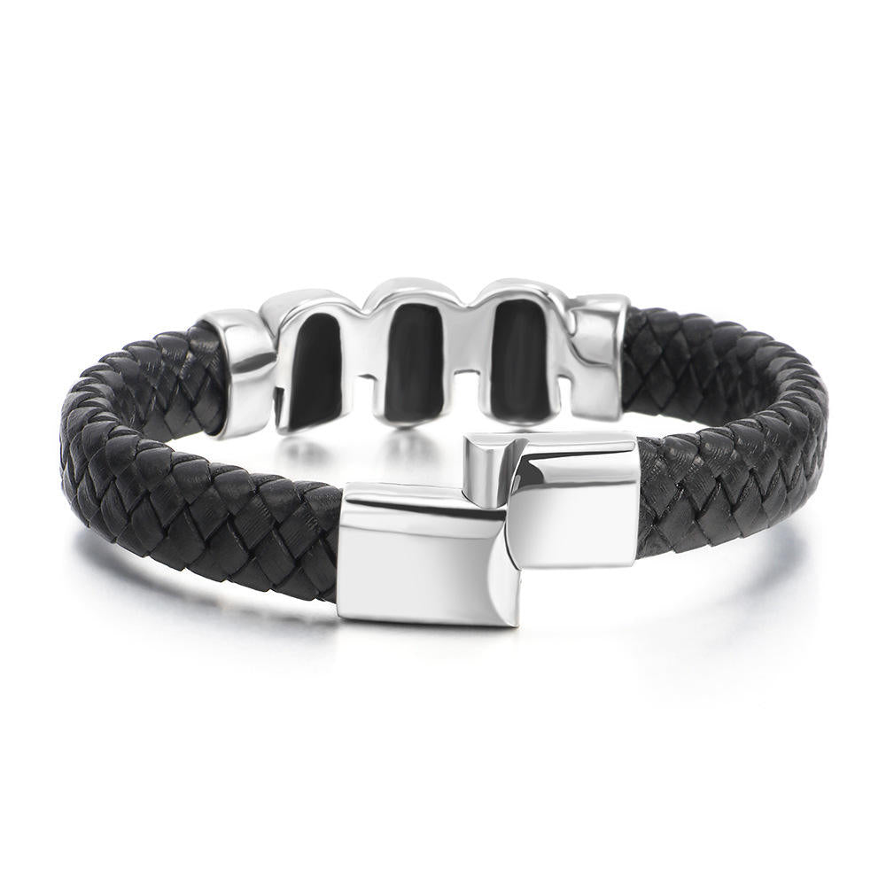 Leather Triple Skull Stainless Steel Bracelet