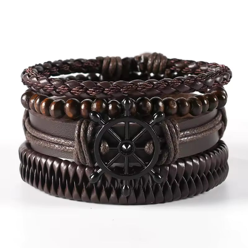 Multi-Layer Braided Leather Bracelet Set with Beads