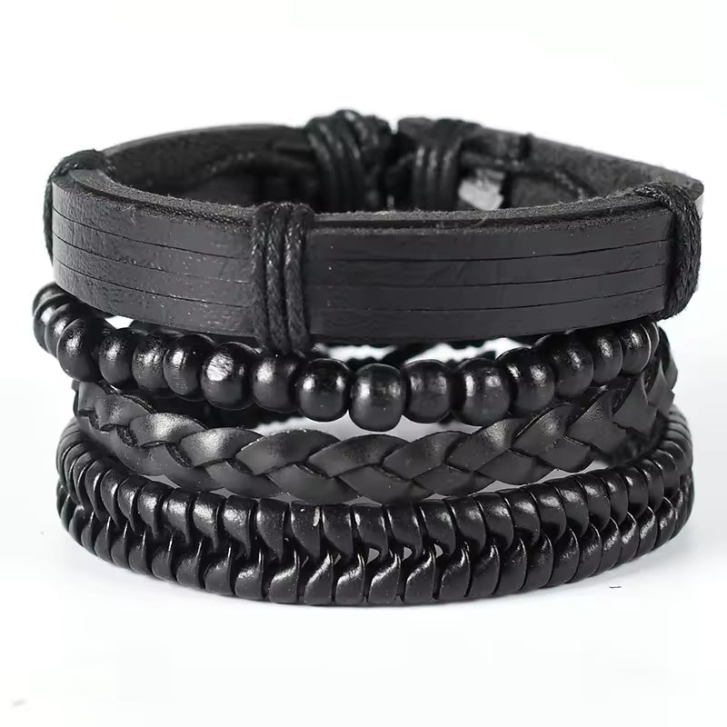 Multi-Layer Braided Leather Bracelet Set with Beads