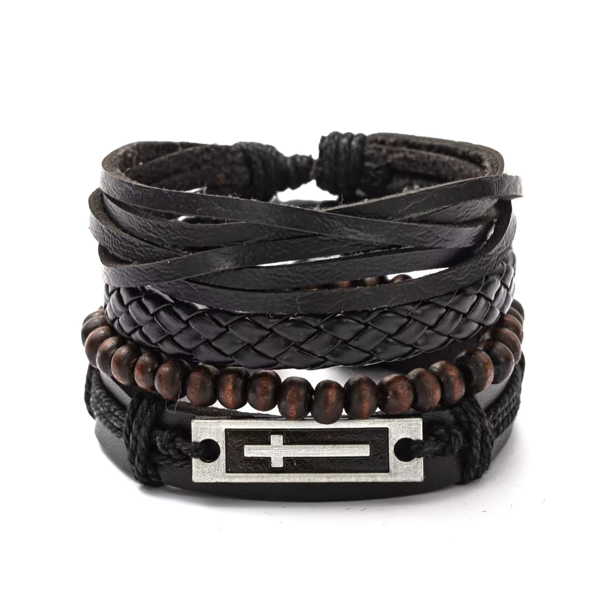 Multi-Layer Braided Leather Bracelet Set with Beads