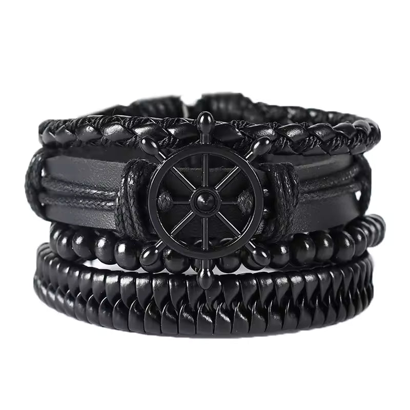 Multi-Layer Braided Leather Bracelet Set with Beads