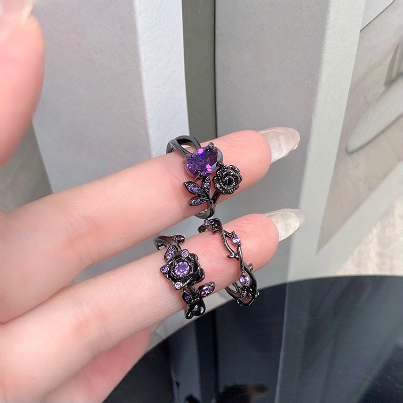 Purple Rose stone Black Rings