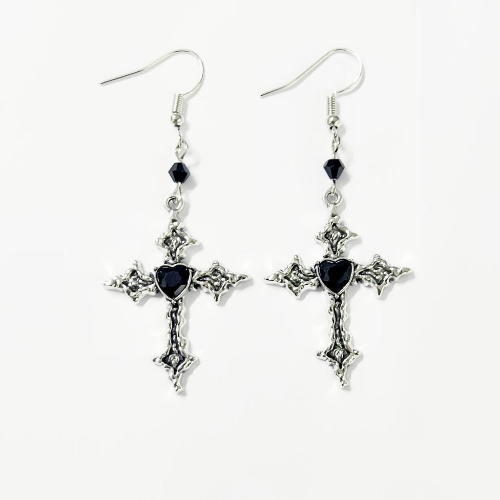 Black Heart Cross dangle earrings