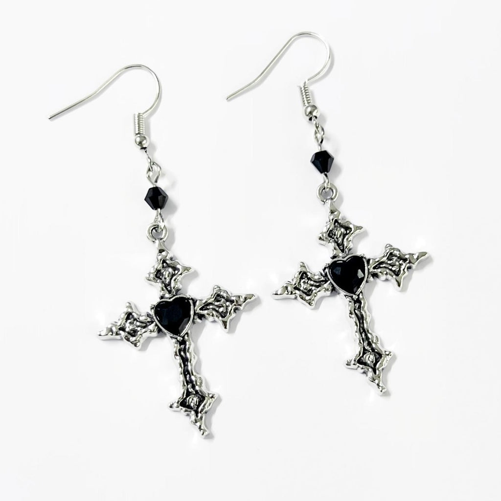 Black Heart Cross dangle earrings