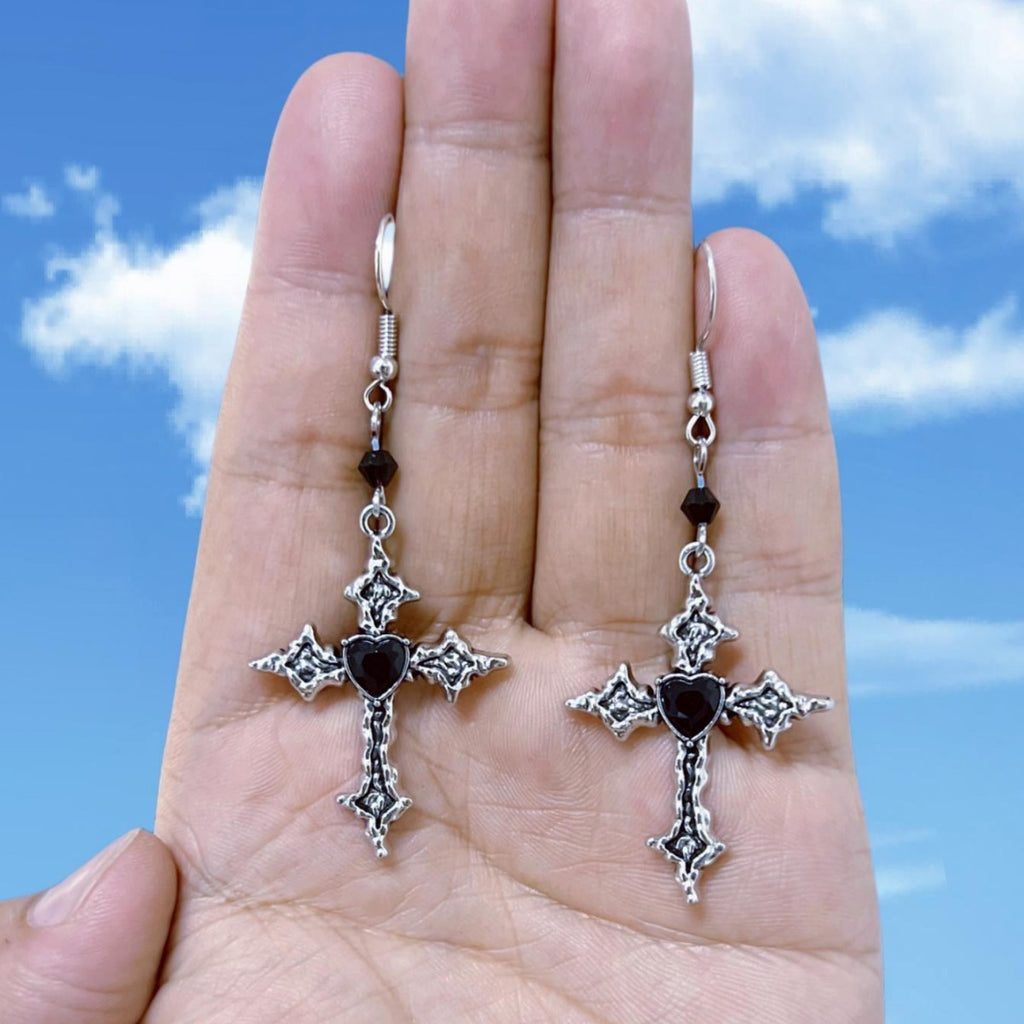 Black Heart Cross dangle earrings