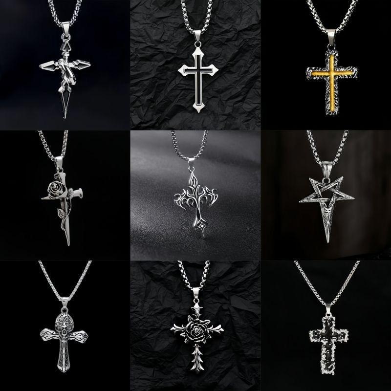 Gothic Punk Silver Cross Pendant Necklace