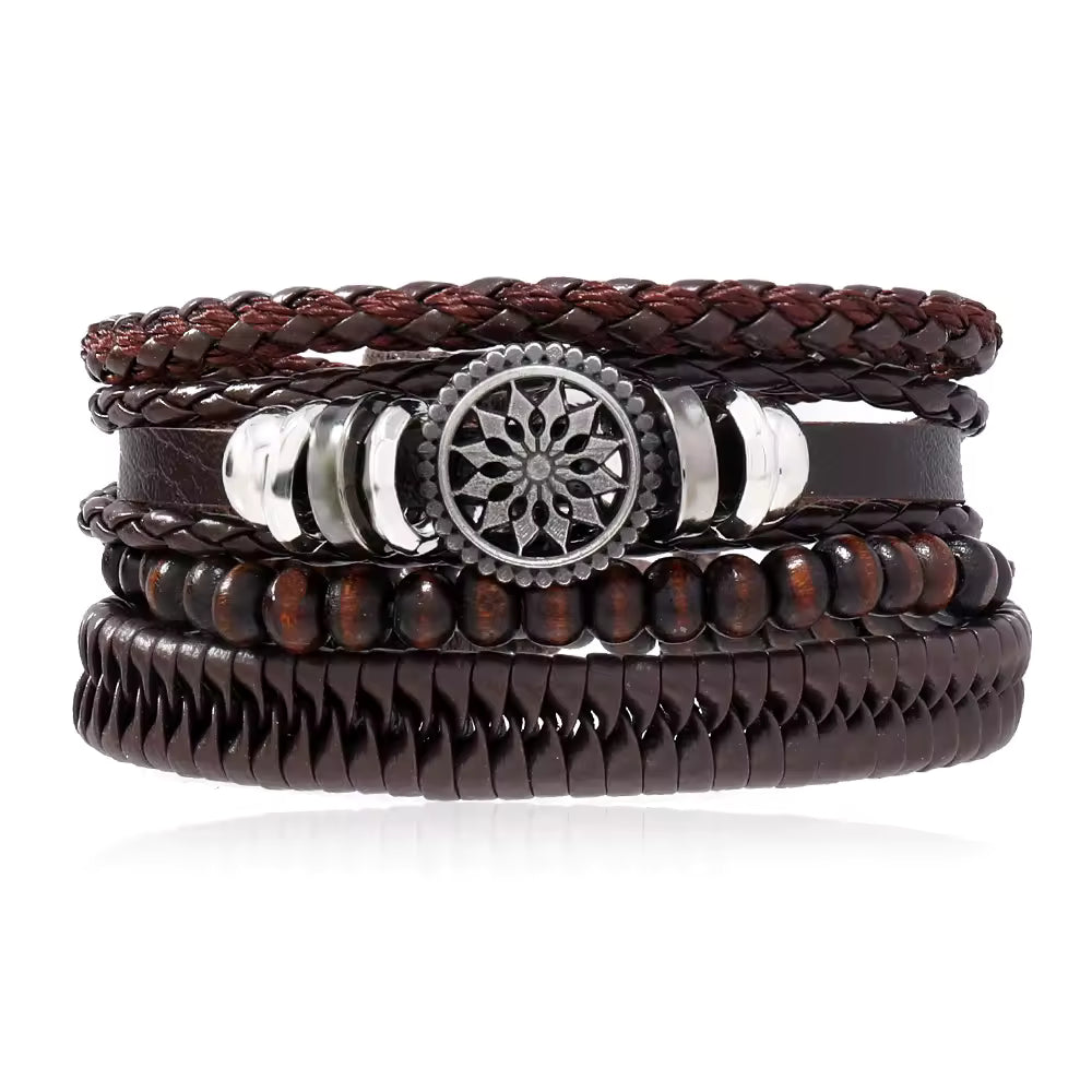 Multi-Layer Braided Leather Bracelet Set with Beads
