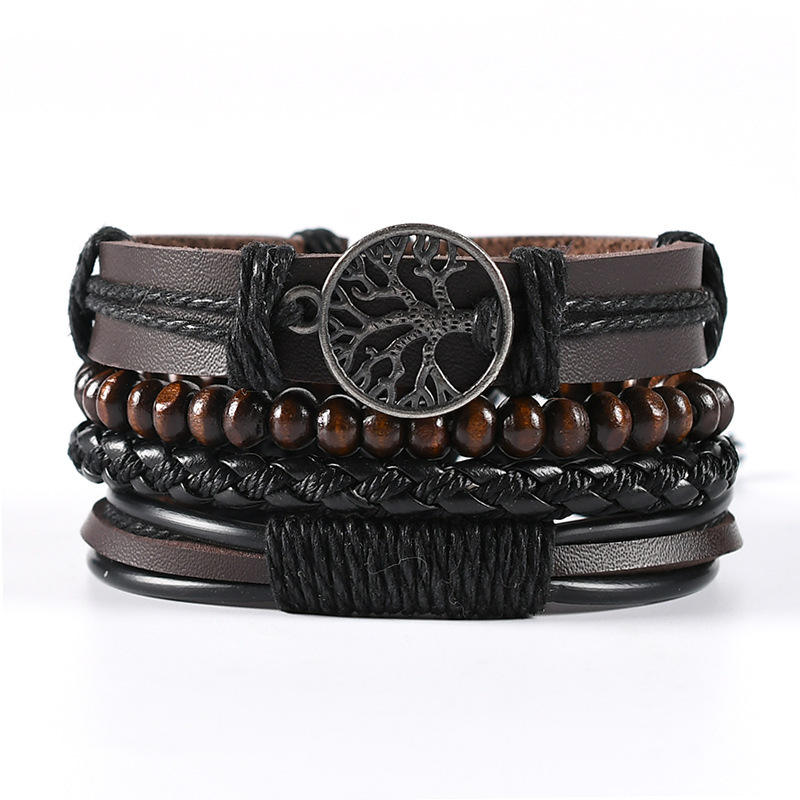 Multi-Layer Braided Leather Bracelet Set with Beads