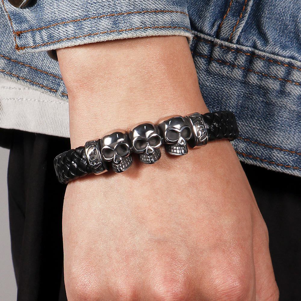 Leather Triple Skull Stainless Steel Bracelet