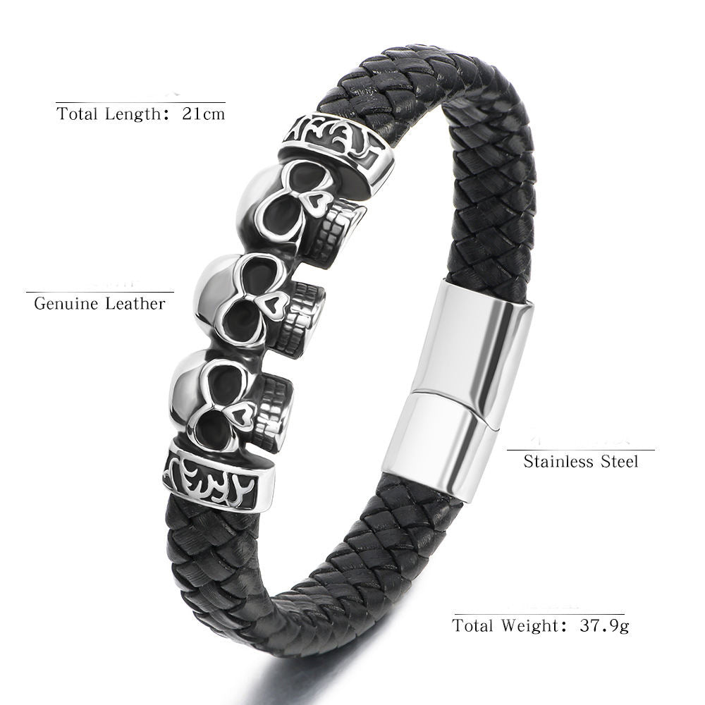 Leather Triple Skull Stainless Steel Bracelet