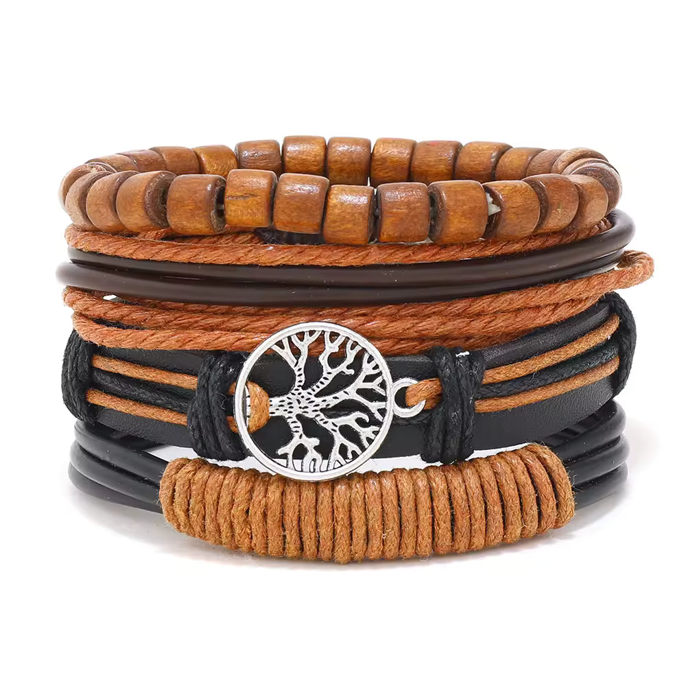 Multi-Layer Braided Leather Bracelet Set with Beads