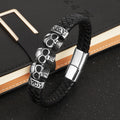 Leather Triple Skull Stainless Steel Bracelet