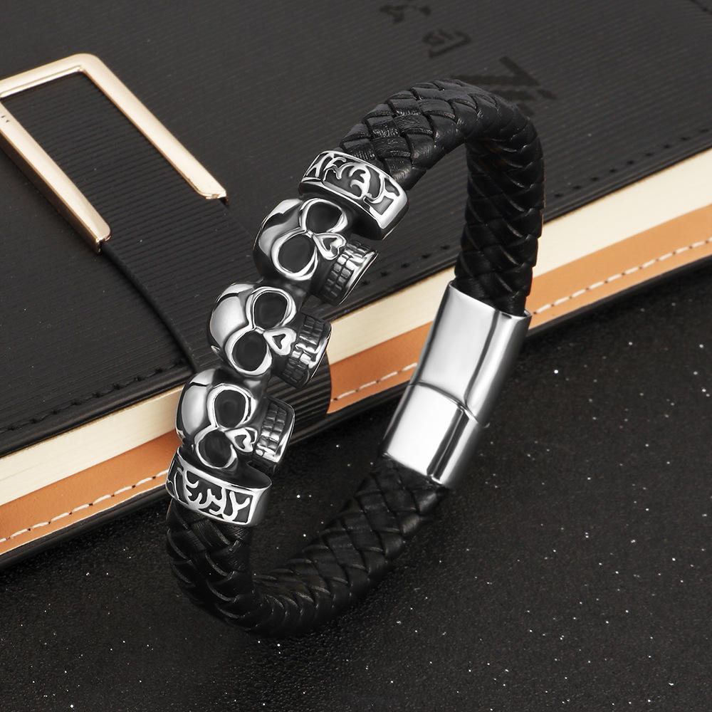 Leather Triple Skull Stainless Steel Bracelet