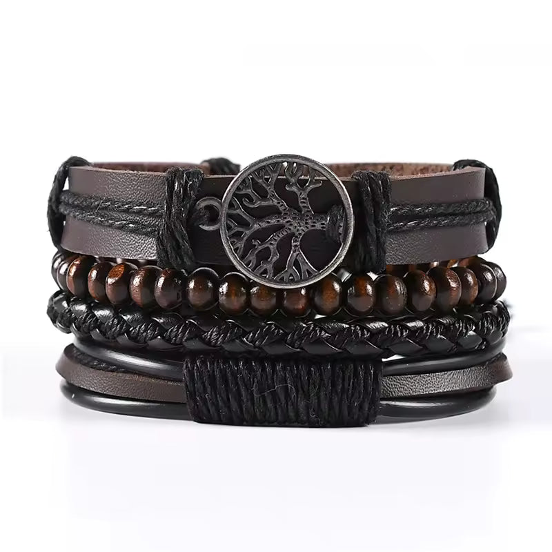 Multi-Layer Braided Leather Bracelet Set with Beads