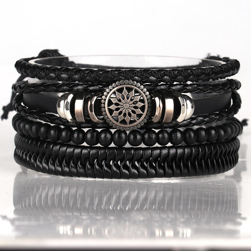 Multi-Layer Braided Leather Bracelet Set with Beads