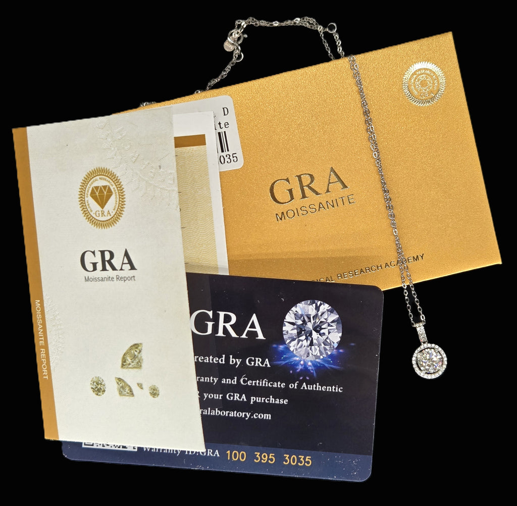 Moissanite Halo Solitaire Necklace GRA Certified