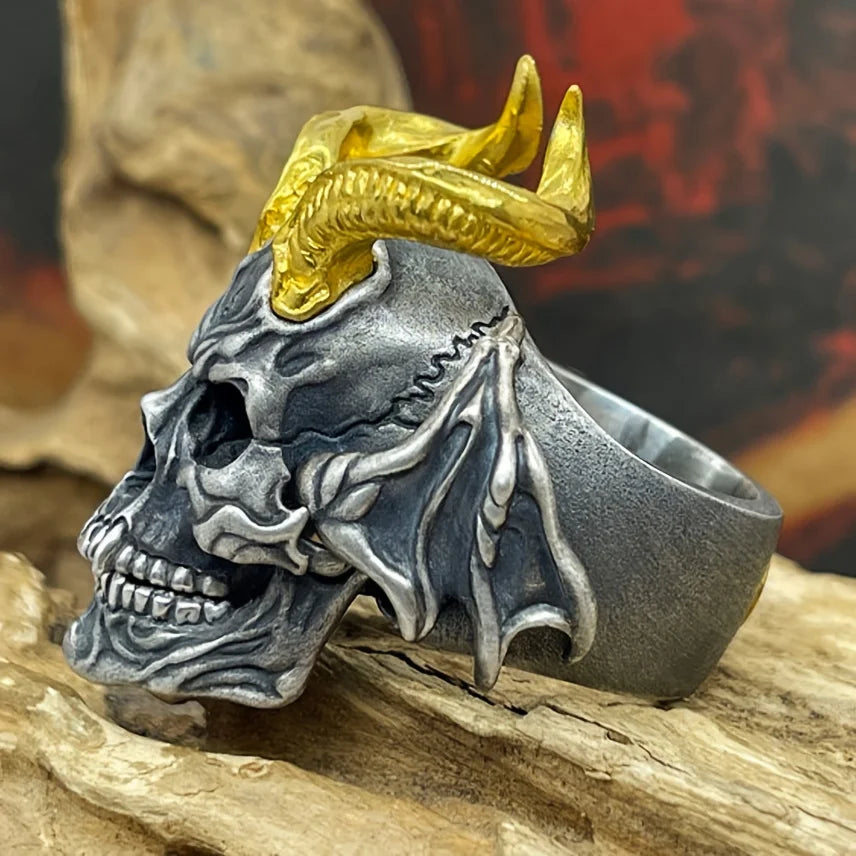 Gold Horned Skull Ring