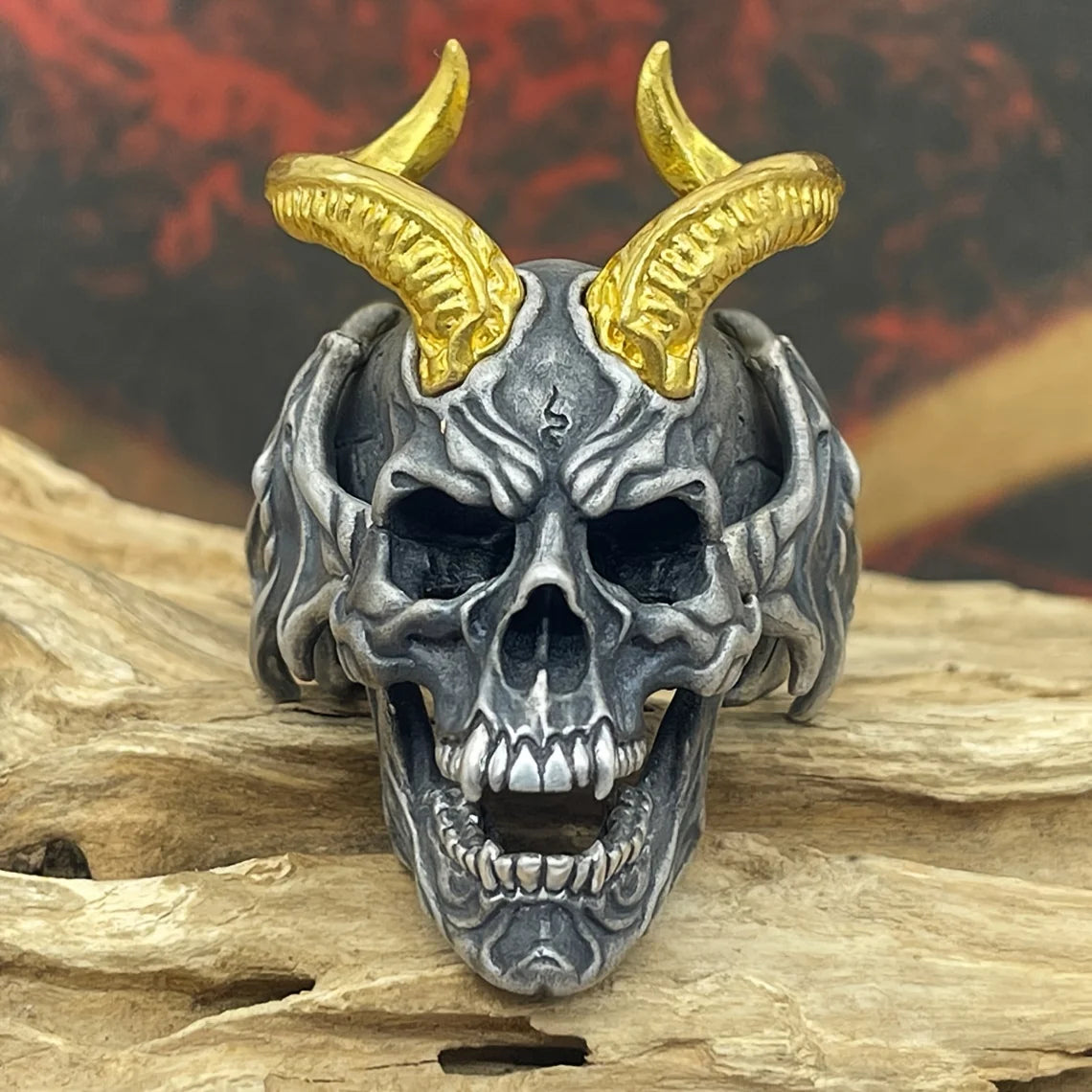 Gold Horned Skull Ring